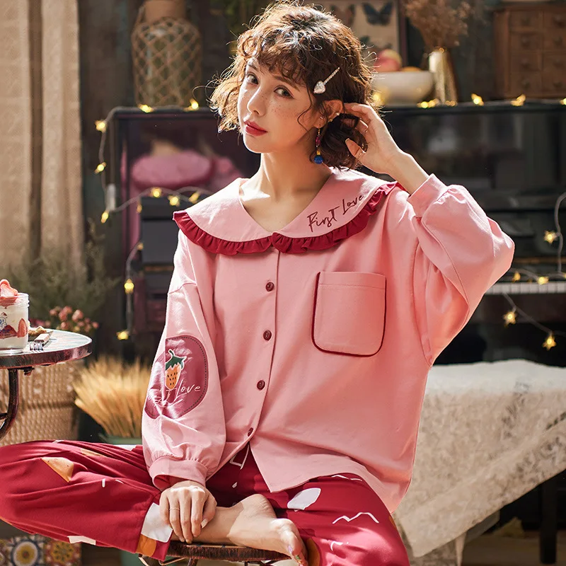 Новинка; домашняя одежда с длинными рукавами; хлопковая одежда для сна; сезон осень-зима; комплект повседневной одежды для сна из 2 предметов; одежда для сна; милая Пижама Babydoll; Пижамный костюм - Цвет: Pink-1