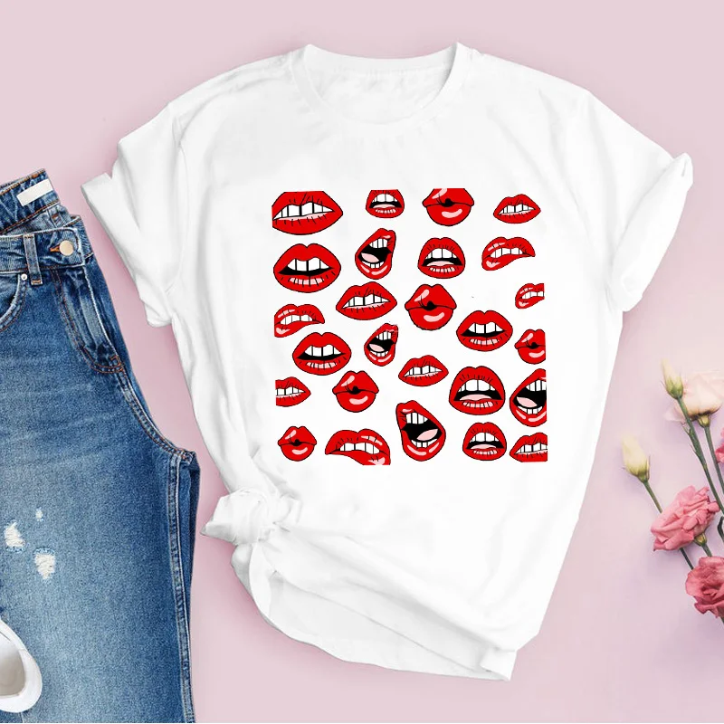 Женская летняя футболка с принтом губ Kiss Повседневная модная коротким рукавом женская одежда футболки