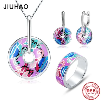 

Jewelry set pale purple round for women 925 Sterling Silver charms fashion luxury Ring Necklace pendant Earrings Party Enamel