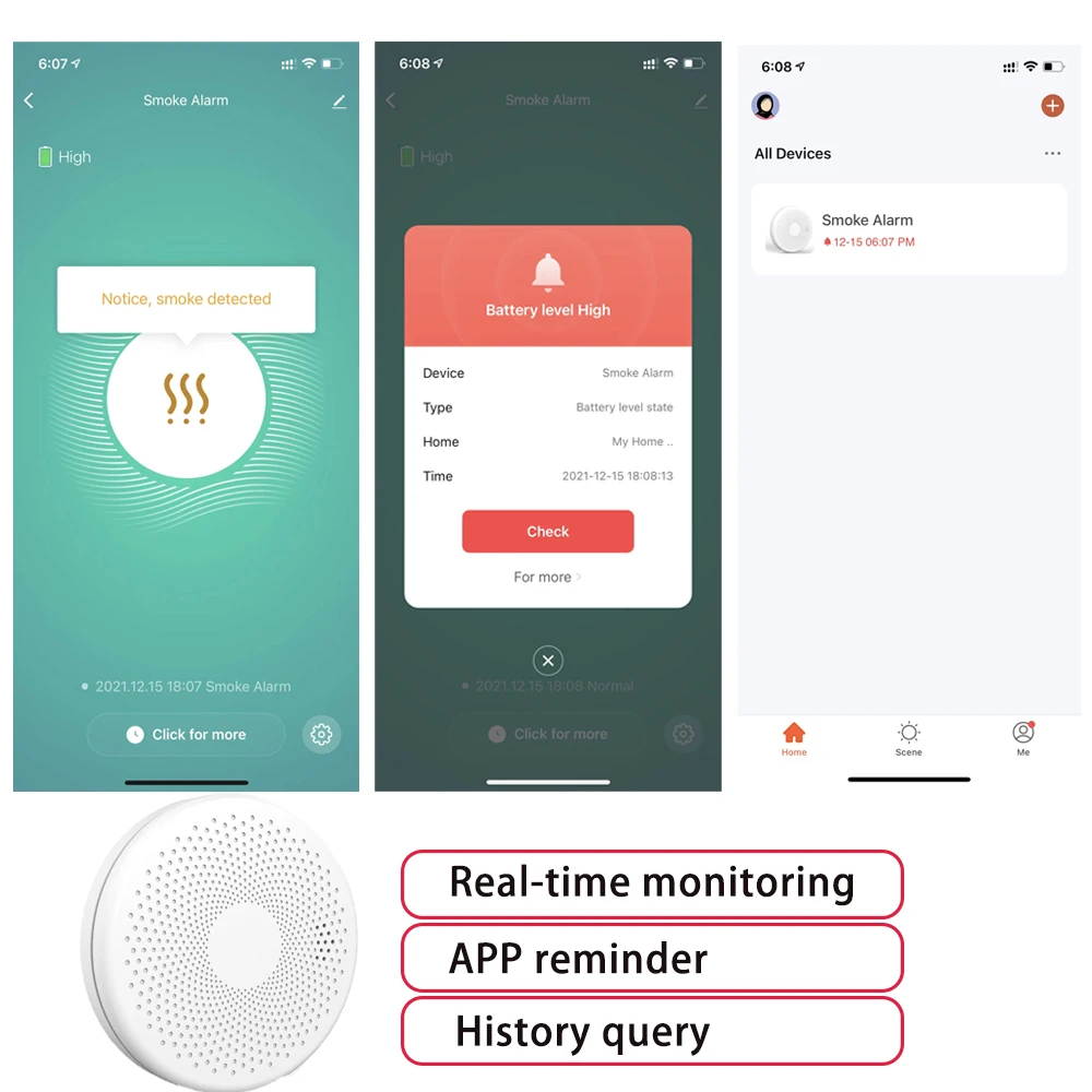 Smoke Sensor Carbon Monoxide Detector Fire Alarm Tuya Smart App Remote Control 80 DB Built in Siren Auto-Check & Silence Button signal light
