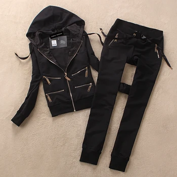 

New women's casual cotton casual hooded long-sleeved pants zipper decorated suit