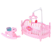 

1pc Pink Princess Doll Accessories Doll Plastic Children Girls Gift Miniature Crib Bed And Wooden Horse