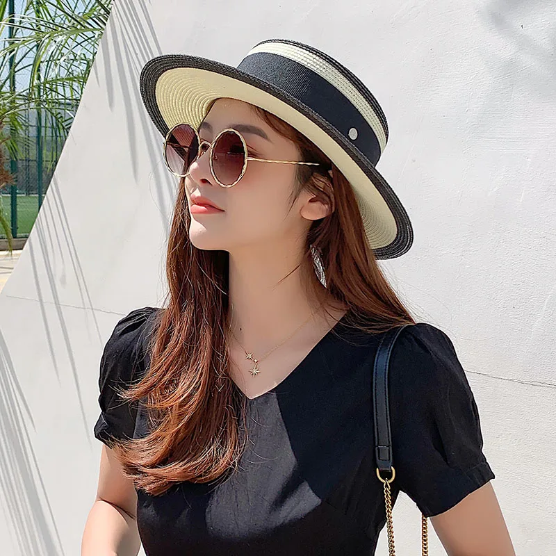 2021Beach hat Caps Natural Wheat Straw hat Boater Fedora Top Flat Hat Women Summer sun hat Flat Brim Cap  For Holiday Part hats 1