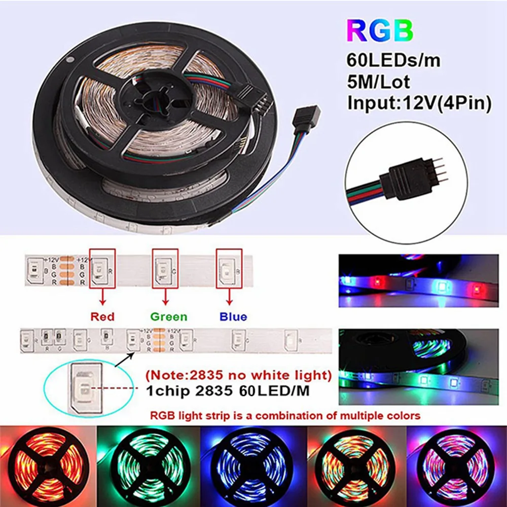 Светодиодная лента 5 м 10 15 2835 RGB 12 В постоянного тока Диодная гибкая Tira