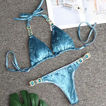 

Women Halter Sexy Crystal Diamond Blue Velvet Thong Bikini Swimsuit Swimwear T3LD
