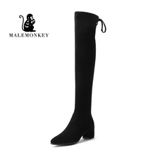 Malemonkey/Size35-40 зимние сапоги до колена; женские сапоги до бедра на плоской платформе с острым носком