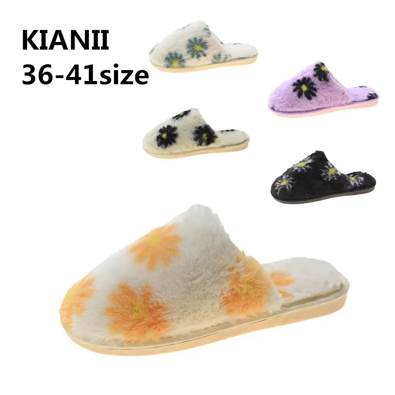 

KIANII Winter Indoor Slippers Fashion Floral Warm Short Plush Slippers Comfortable Flat-Bottom Home Ladies Slippers 36-41size
