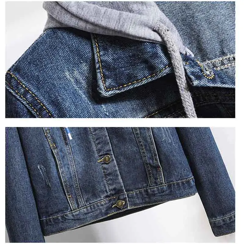 Greatest Plus Size Vintage Ripped Hole Hooded Bomber Denim Jackets 3Xl 5Xl Women Removable Grey Hood Hoodie