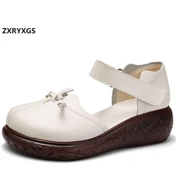 

Promotion Round Head Top Cowhide Leather Sandals Classic Shoes Woman Fashion Sandals 2020 Summer Shoes Platform Wedges Sandals
