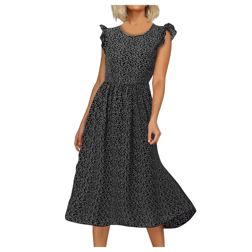 Bohe Dot Print Dress Woman Ruffles Sleeve Beach Basic O-Neck Button Summer Sundress Fashion Feb5 | Женская одежда