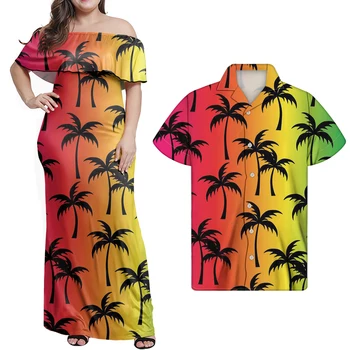 Cumagical Island Beach Wear Polynesian Tribe Printed Ruffle Off Shoulder Dress Couple Clothing Match Men Shirts