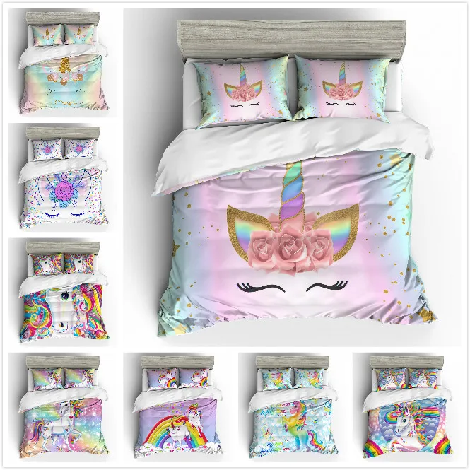 

3D Rainbow Color Unicorn Bedding Set Cute Stars Unicorn Duvet Cover Set 3d Printing Home Textile Hot Sale