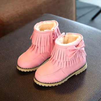 

Autumn Winter Keep Warm Girls Boots Bow Tassels Short Ankle Shoes Cotton-padded Zipper Girls Fashion Fringe Kids Toddler Boots
