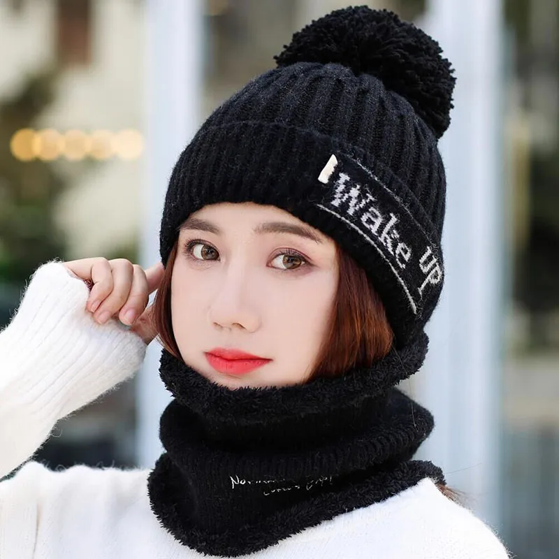 Hat scarf black Новая брендовая Зимняя Вязаная Шапка-бини, Женская Толстая теплая шапка куполообразная шапка, женские шапки-бини с буквами, уличные наборы для езды на велосипеде, нагрудник - Color: Hat scarf black