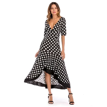 

2020 Summer Women's Polka Dot Print Deep V Mid-length Dress Sexy Slim Backless With zipper Thin Skirt Waist