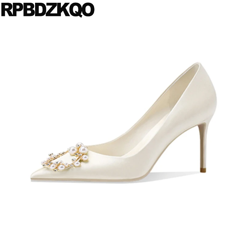 

Stiletto High Heels Pearl Pointed Toe Pumps Women Silk Dress Ivory Wedding Shoes 3 Inch Crystal White Diamond Bridesmaid Satin