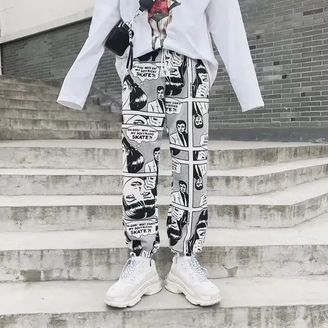 

South Korea INS-Style Street Cartoon Graffiti Harem Pants BF Style Hip Hop Printed Loose-Fit Beam Leg Casual Pants Men's