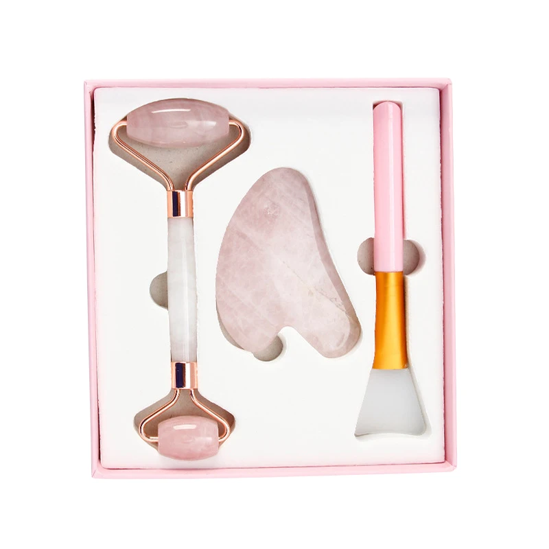 

Rose Quartz Jade Roller Powder Crystal Massager Natural Pink Gua Sha Stone Mask Brush Facial Beauty Device Face Skin Care Tool