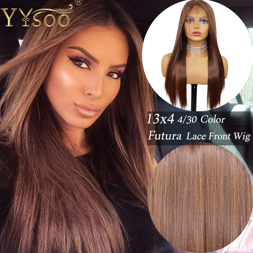 

YYsoo Long #4/30# Mixed Color Japan Futura Synthetic Hair13x4 Lace Front Wig Pre Plucked Silky Straight Highlight Wigs For Women