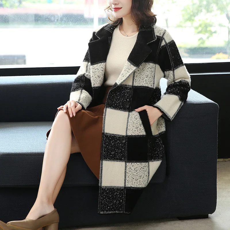 2XL Brand Coat Autumn Winter Women Coat New Classic Striped Lapel Coat Thicken Warm Loose Wild Casual Long Coat Female