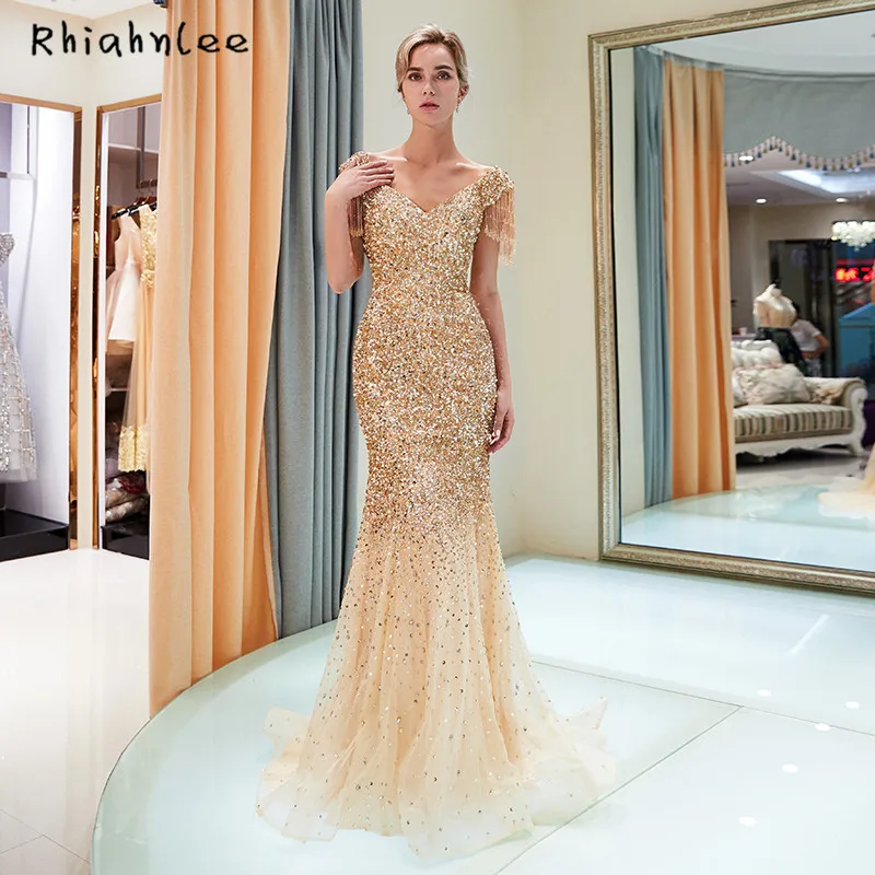 Вечернее платье с открытыми плечами, золотое, vestidos de fiesta de noche, великолепное, с бисером, торжественное платье