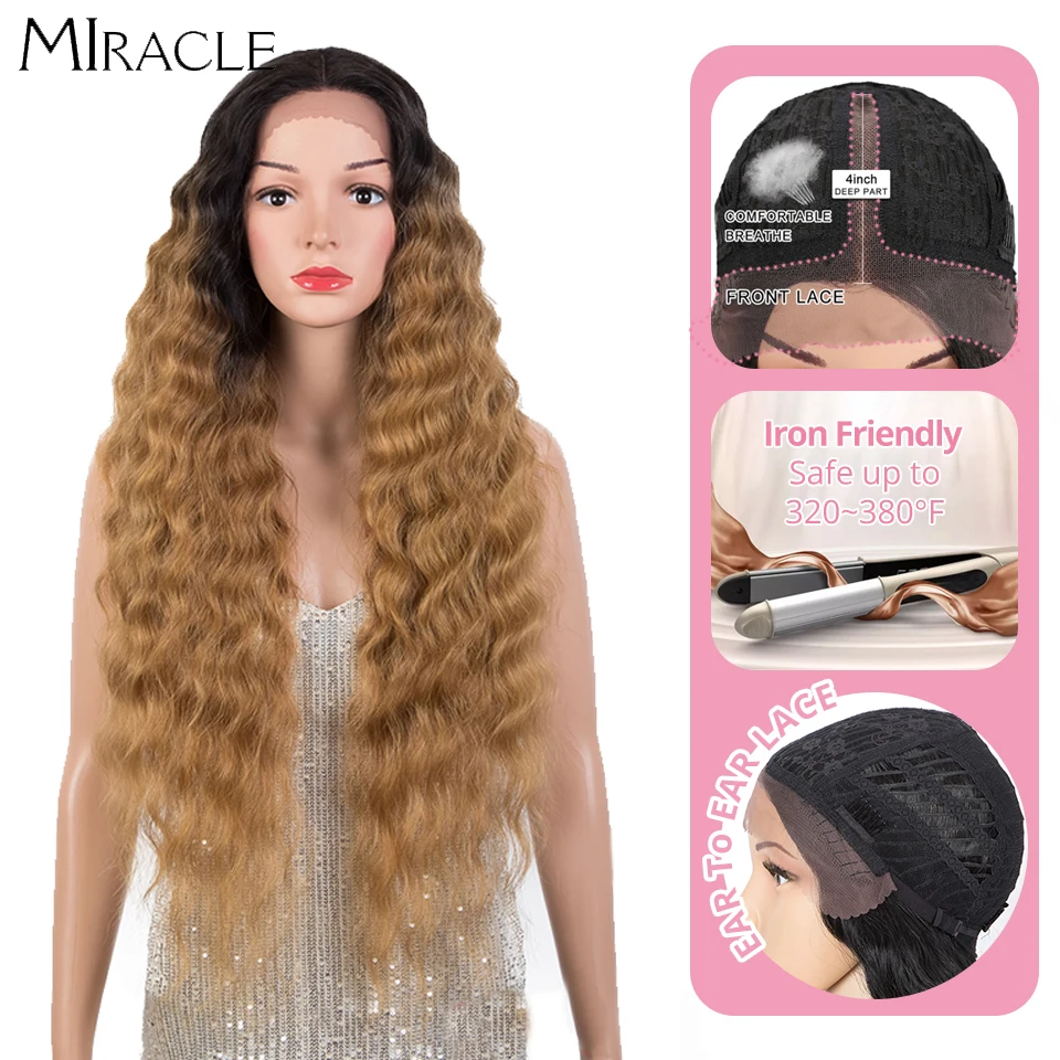 Synthetic Lace Wigs Blonde Wig Deep Wave Cosplay Lolita Wig 30Inch Ombre Blonde Wigs For Women High Temperature Fiber Miracle
