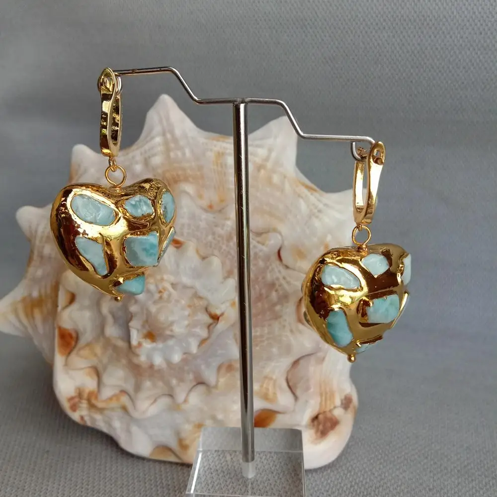 YYGEM Natural Blue Larimar Chips Pave Heart Shaped Yellow Gold color Dangle LeverBack Earrings Womens Earrings Gold Earrings Heart Earrings