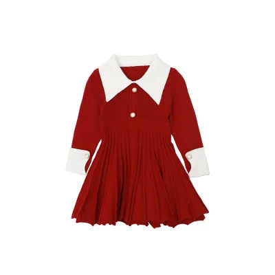 Осенний детский плиссированный вязаный свитер принцессы, платья для маленьких девочек, цельнокроеное платье с длинными рукавами, можно выбрать размер