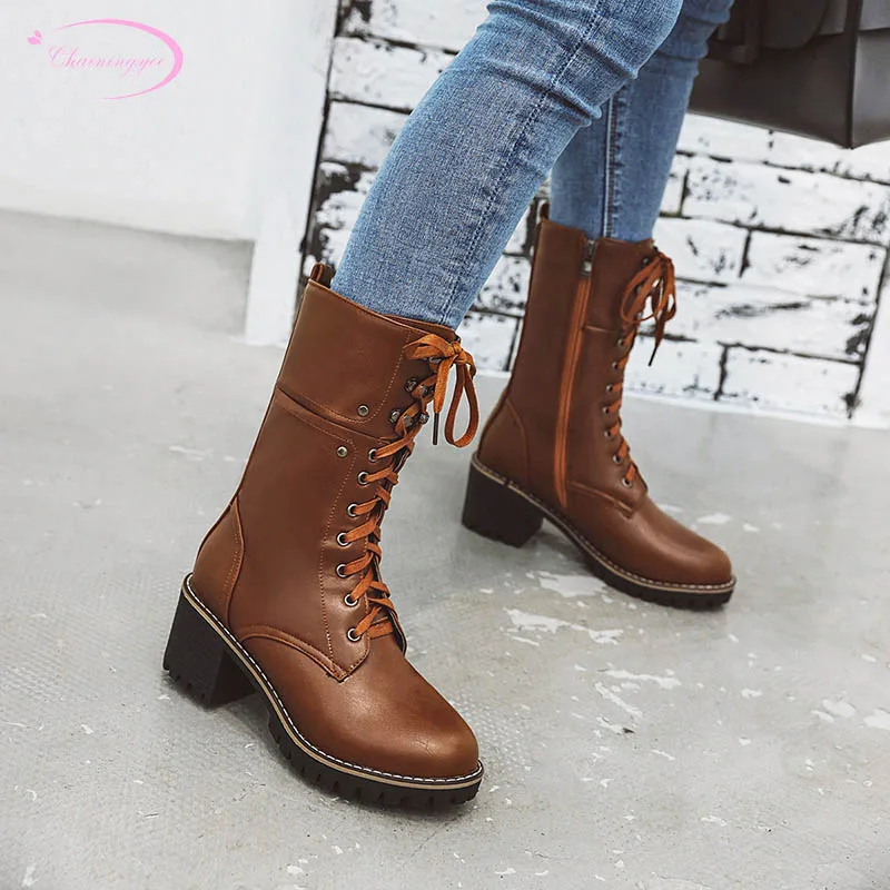 

Motorcycle boot casual comfortable round head lace-up rivets zipper black brown red high heel thick mid-calf boots women's shoes