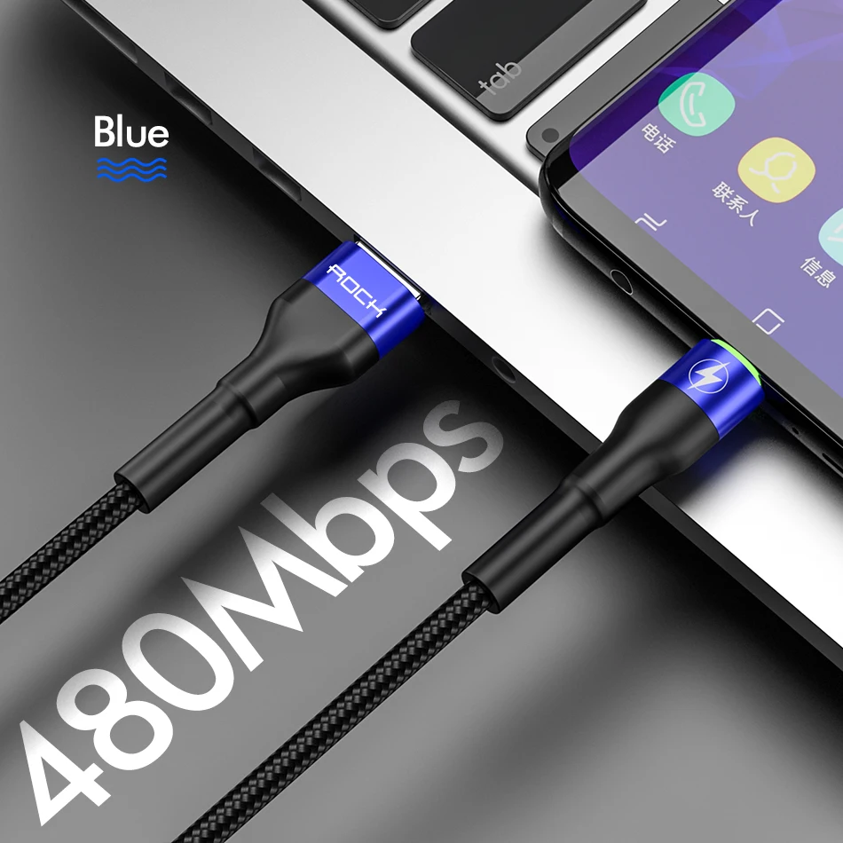 ROCK usb type C кабель для samsung S10 S9 S8 huawei P30 Pro 5A светодиодный QC 3,0 4,0 Быстрая зарядка мобильного телефона USB-C кабель - Цвет: Blue With LED Light