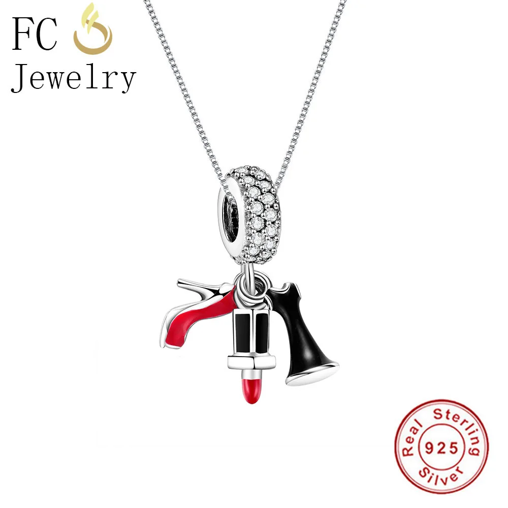 FC Jewelry 925 Sterling Silver Red Black Enamel Shoe Lipstick Charm Cubic Zirconia Stone Pendant Necklaces Women Choker Trinket | Украшения