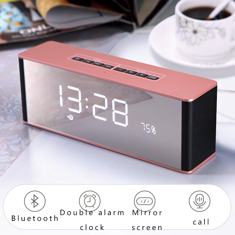 

Digital Alarm Clock Radio Mirror Display Led Modern Wireless Call Snooze Function Table Clock Bluetooth Speaker