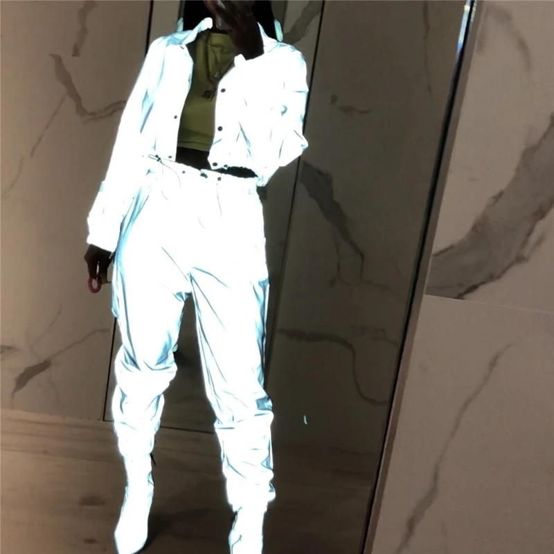 

reflective jacket women reflective girl jacket two piece set women top and pants grey Sexy club Streetwear coat pants jacket