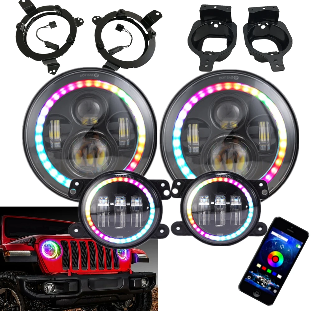 

for Jeep Wrangler JL Headlight Fog Light Phone App Control RGB Halo Complete Set for Jeep JL 2018 2019 With Bracket Adaptive