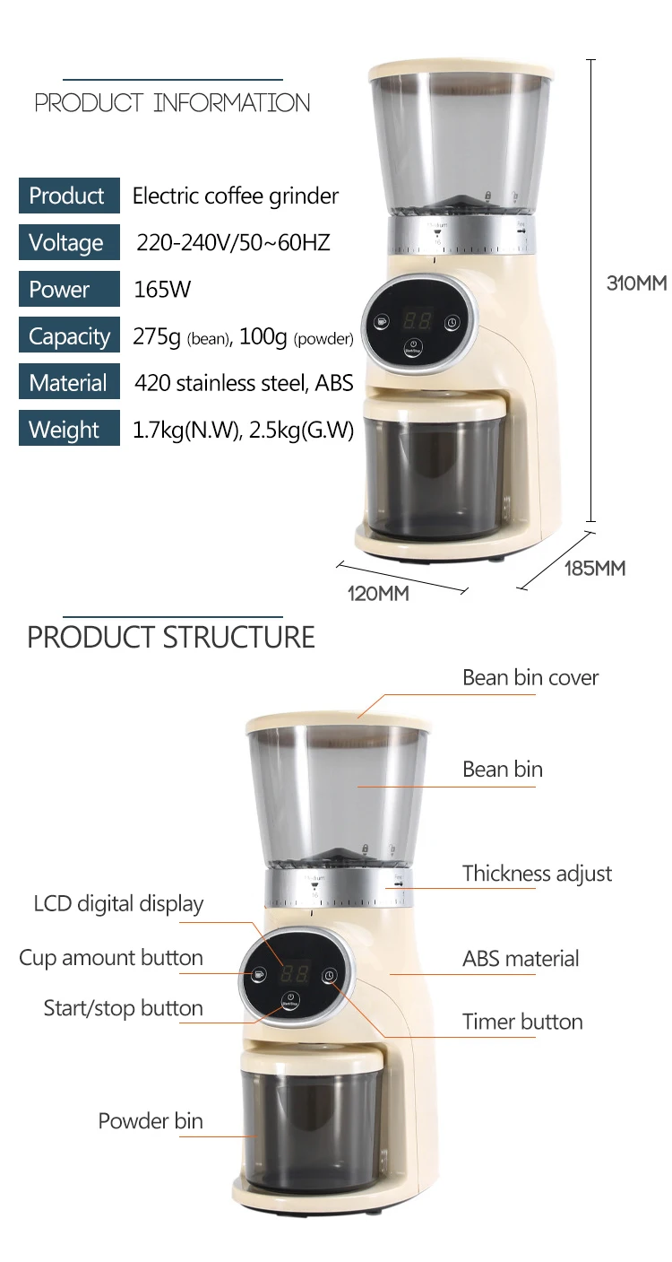 JIQI Intelligent Quantitative Electric Coffee Grinder Household Commer