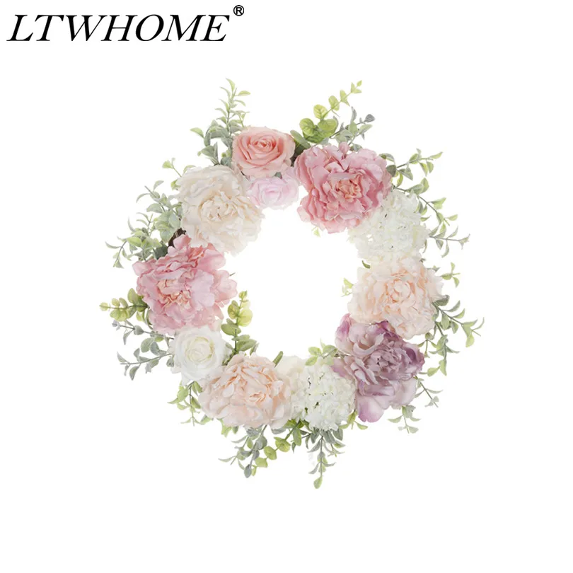 

LTWHOME WHPPY 14 Inch Artificial Handmade Spring Summer Wreath with Peonies, Roses, Hydrangeas for Home, Door, Wall, Mantelpiece