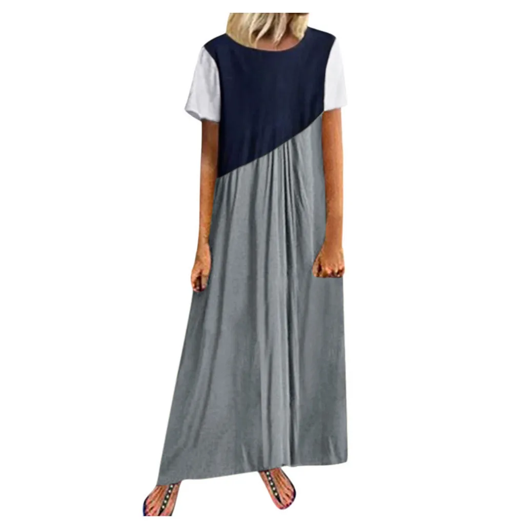 Новое винтажное платье vestidos, женское модное Повседневное платье с коротким рукавом и круглым вырезом, длинное платье с цветными блоками, женское платье#818