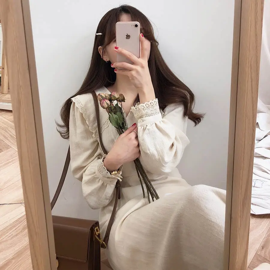 Весна-лето, стиль, Южная Корея, Dongdaemun, корейский стиль, v-образный вырез, на шнуровке, длинное платье с длинными рукавами