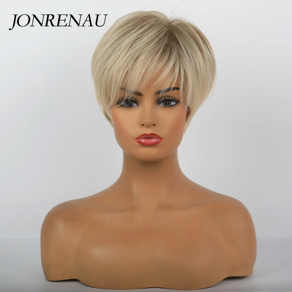 

JONRENAU 8 Inches Synthetic Short Straight Wig Light Blonde Brown Wigs with Bangs Pixie Cut Wigs for White Black Women