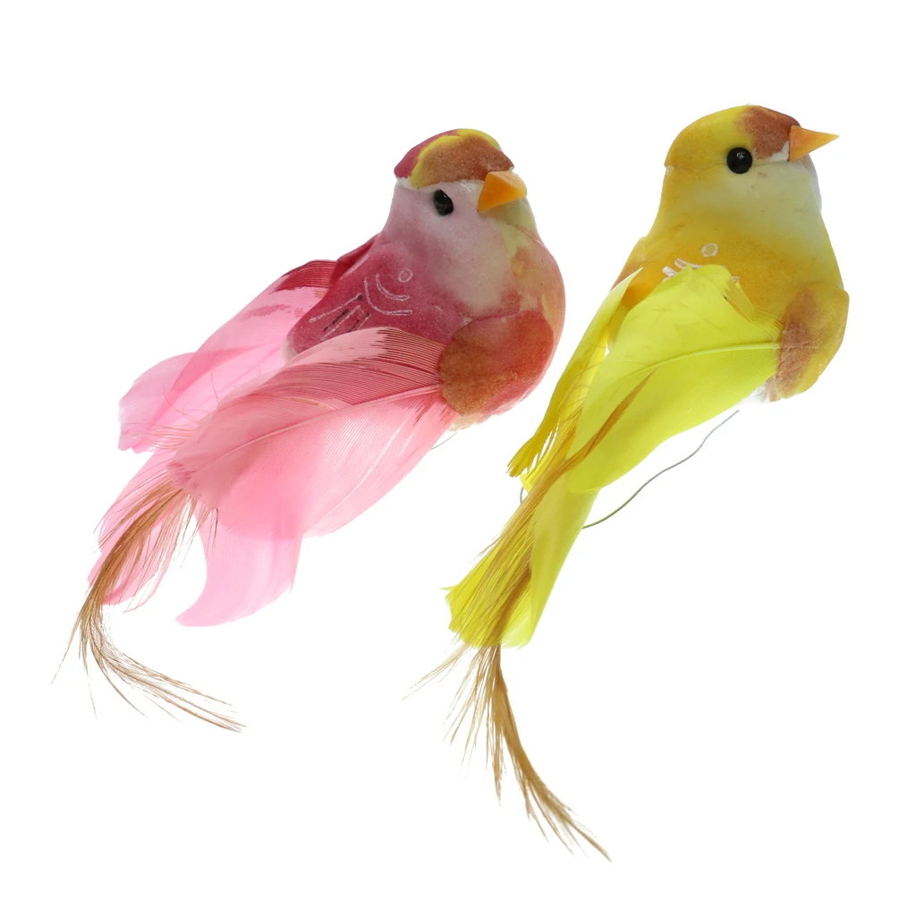 

2Pcs Bird Ornament Figurine Artificial Feather Animal Home Fence Decor, Iron Wire/Clips Available