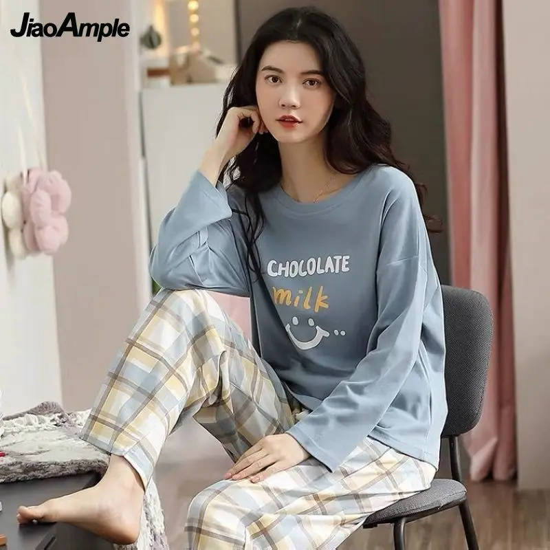 Women's Pajamas Set 2021 Fall New Long-sleeved Trousers Two-piece Nightwear Korean Loose Sleepwear Home Clothes Suit