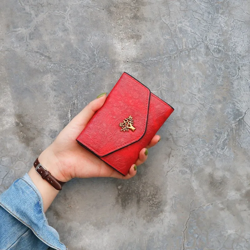 2019 New Wallet Women Short Retro Tree PU Leather Student Card Bag Fashion Buckle Mini Wallet Hand Wallet Carteira 2019 New Wallet Women Short Retro Tree PU Leather Student Card Bag Fashion Buckle Mini Wallet Hand Wallet Carteira