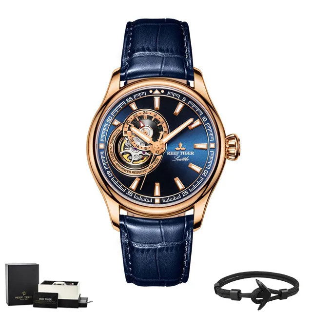 Риф Тигр бренд Tourbillon механические Роскошные автоматические часы водонепроницаемые светящиеся синие циферблат кожаные мужские часы Reloj Hombre - Цвет: RGA1639-PLL