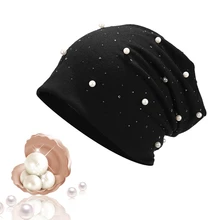 Женская шапка бини, повседневная, полиэстер, блестящие, жемчуг и стразы, бини для женщин, трикотажная шапка с черепами, шапки, капот для женщин