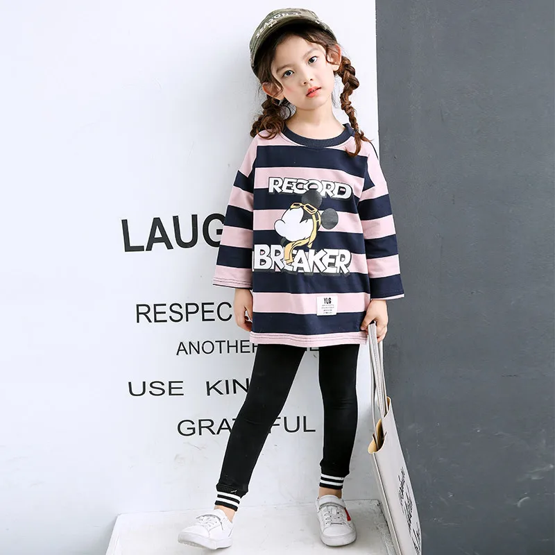 Mickey T-shirt Baby Girl Clothes Autumn New Fashion Long Sleeve Tees Tops Kids Clothes Children Catoon Mickey Striped Girl Tops
