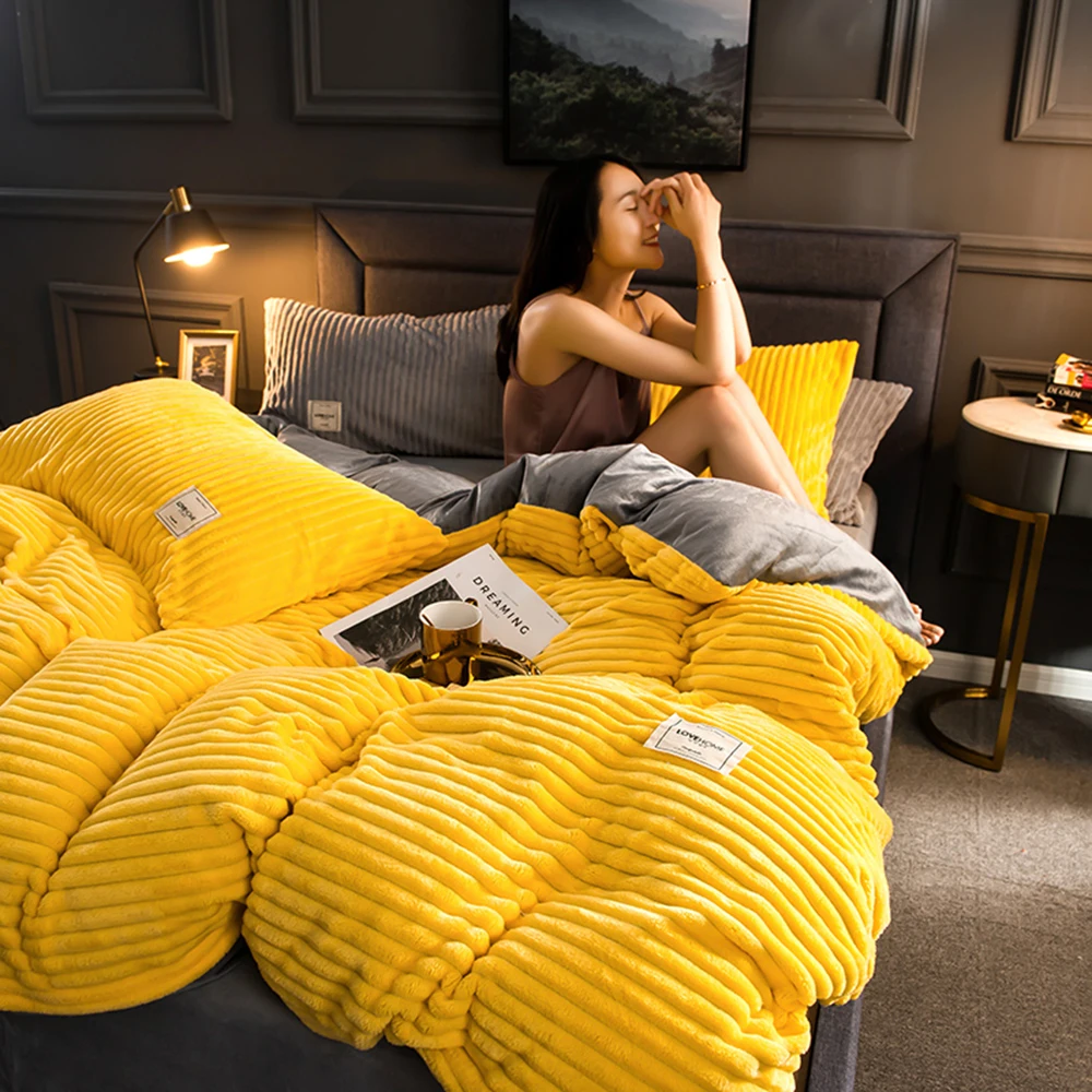 

Plain Color Thicken Flannel Warm Bedding Set Velvet Duvet Cover Bed Sheet Pillowcases Home Bed Linens