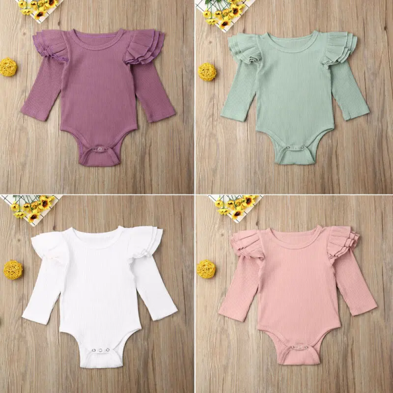 0-24M Newborn Baby Girl Bodysuits Long Sleeve Ruffle Solid Bodysuit Jumpsuit Playsuit Autumn Clothes Outfit