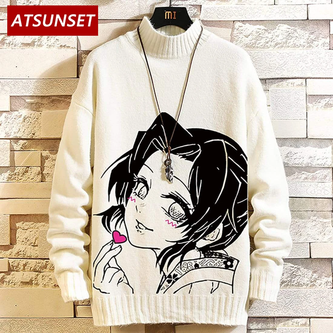 ATSUNSET Anime Girl Demon Slayer Kochou Shinobu Sweater Hip Hop Streetwear Vintage Style Harajuku Knitting Pullover