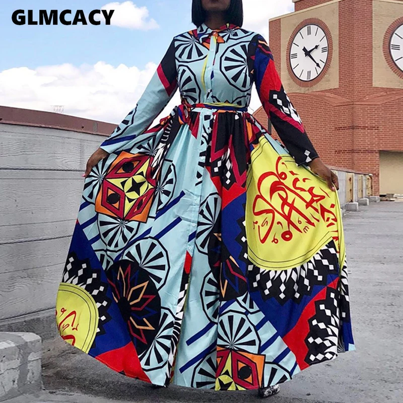 

Women Streetwear Turn-collar Print Long Sleeve Long Dress Autumn Casual Loose Sashes Floor-length Dress