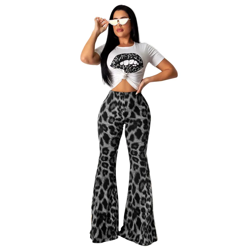 Leopard Gray UIDEAZONE Leopard Mouth Print Women Two Piece Set Casual O Neck Pullover T Shirts Flare Pants Ladies 2Pcs Sets 2 Pieces Suits - Цвет: Leopard Gray